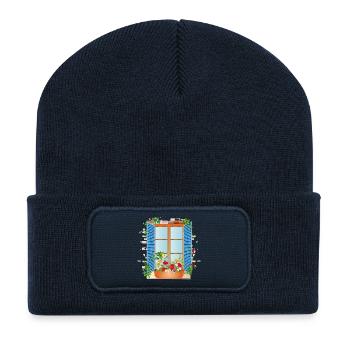 Sommerliches Fenster mit Blumenkasten - Recycelte Patch Beanie - French Navy - Vorne