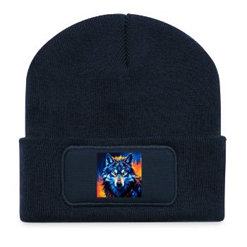 Illustration de loup géométrique vif - Beanie recyclé à patch - bleu marine - Devant