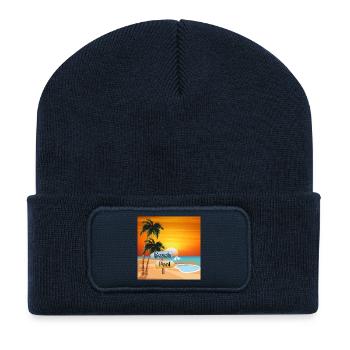 Tropical beach with pool and sunset - Recycled Patch Beanie - french navy - Front