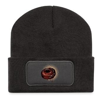 Schoko Donut Motiv mit Glasur und Streuseln - Recycelte Patch Beanie - Dunkelgrau - Vorne
