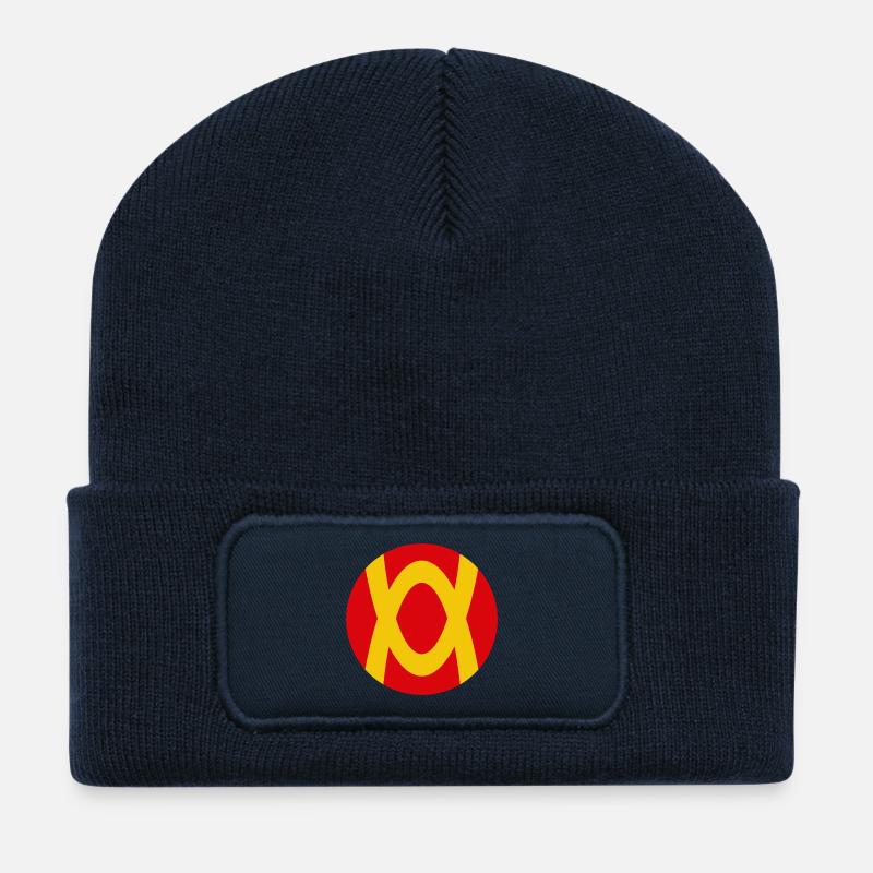 Abstraktes Farbenspiel mit Rot-Gelb Kontrast - Recycelte Patch Beanie - French Navy