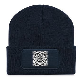 Blumenmuster Mandala Schwarz Weiß - Recycelte Patch Beanie - French Navy - Vorne