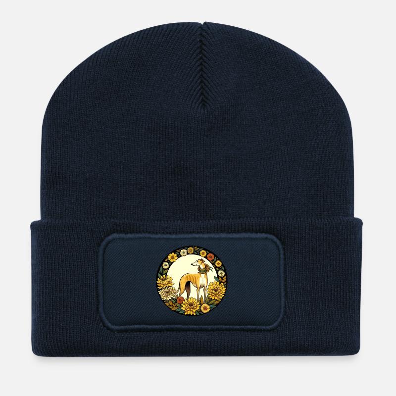 Eleganter Windhund mit Blumenrahmen - Recycelte Patch Beanie - French Navy