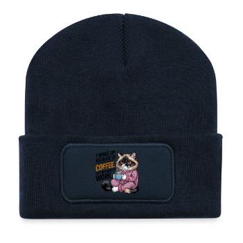 I Wake Up Because Of Coffee Cat - Recycled Patch Beanie - french navy - Front