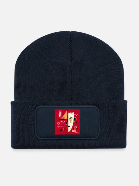 Contemporary Abstract Face in Red - Recycled Patch Beanie - french navy