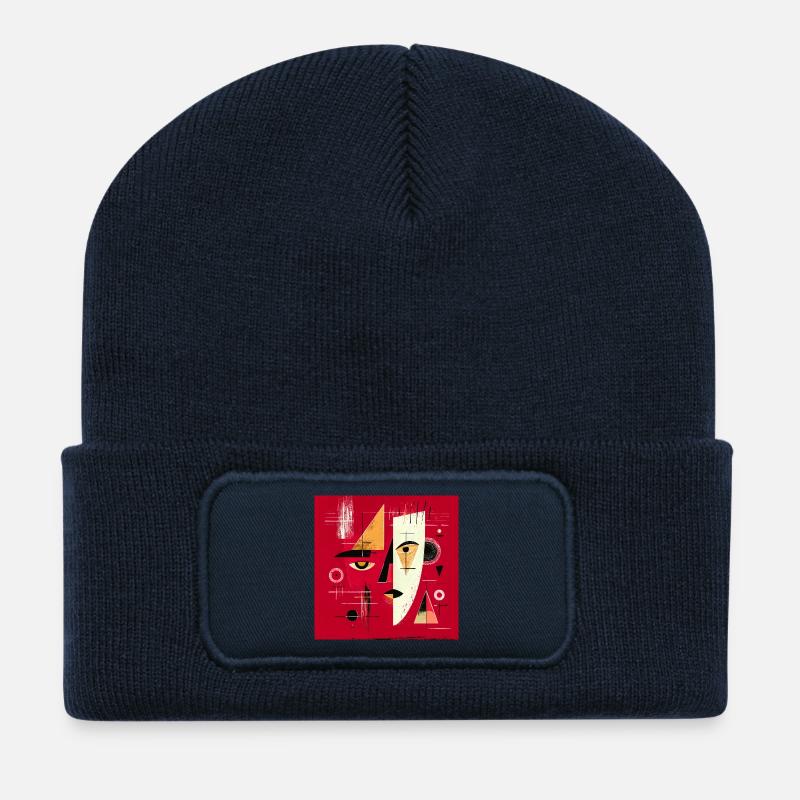 Contemporary Abstract Face in Red - Recycled Patch Beanie - french navy