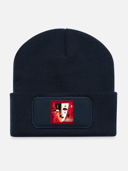 Modern Abstract Portrait in Red and Black - Recycled Patch Beanie - french navy