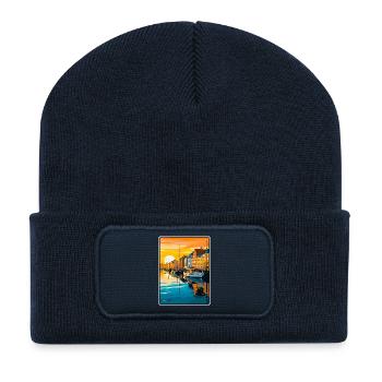 Copenhague, Danemark, Coucher de soleil, Port, Illustration - Beanie recyclé à patch - bleu marine - Devant