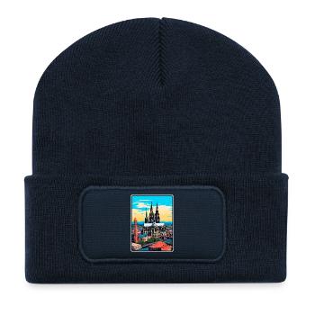 Cathédrale de Cologne, Allemagne, Affichage urbain de voyage - Beanie recyclé à patch - bleu marine - Devant