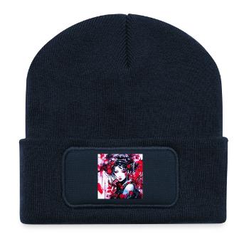 Red Splashed Futuristic Portrait - Recycled Patch Beanie - french navy - Front