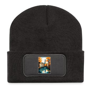 Gouda, paysage urbain de voyage vintage aux Pays-Bas - Beanie recyclé à patch - charbon - Devant