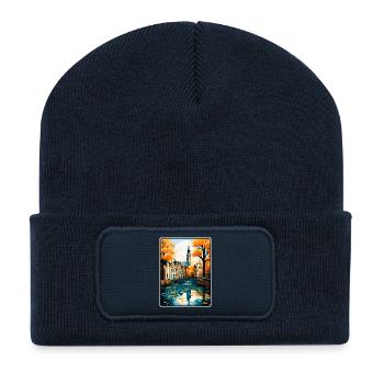 Gouda, paysage urbain de voyage vintage aux Pays-Bas - Beanie recyclé à patch - bleu marine - Devant