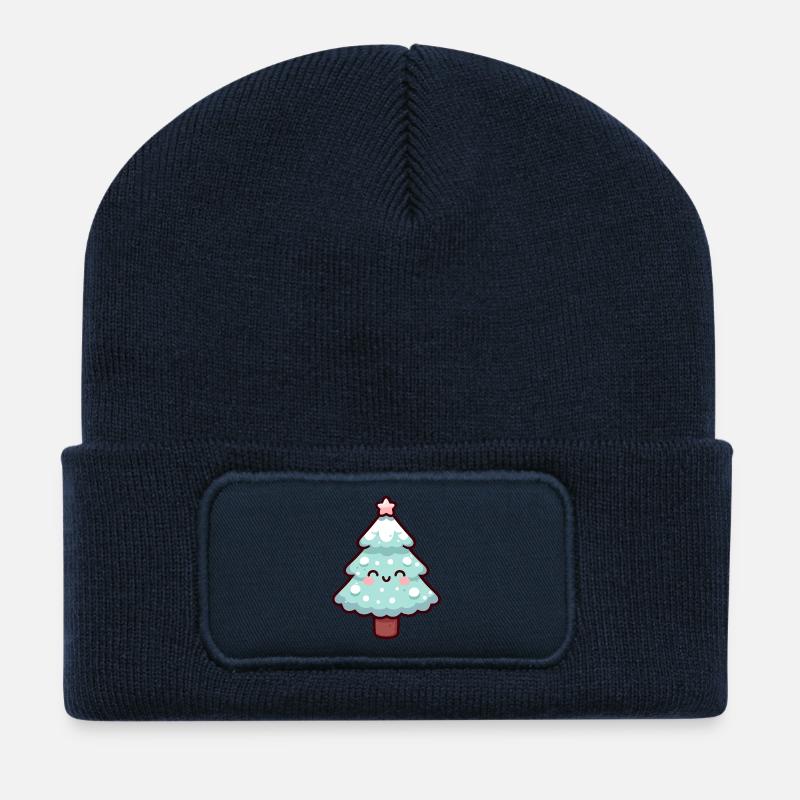 Kawaii Verschneiter Weihnachtsbaum Design - Recycelte Patch Beanie - French Navy