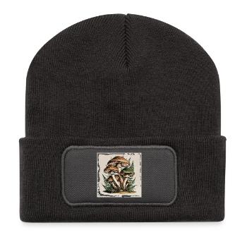 Mushroom family in the forest with ferns - Recycled Patch Beanie - dark grey - Front