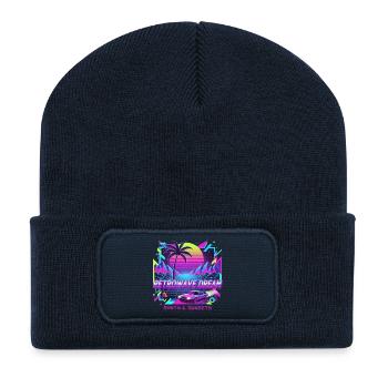 Retro Wave Sunset Car Illustration - Recycled Patch Beanie - french navy - Front