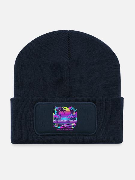 Illustration de voiture rétro au coucher du soleil - Beanie recyclé à patch - bleu marine