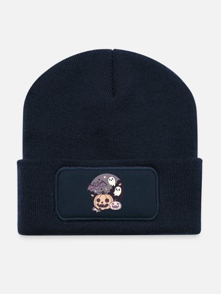 Halloween Kawaii Design Kürbis Geister Fledermaus - Recycelte Patch Beanie - French Navy