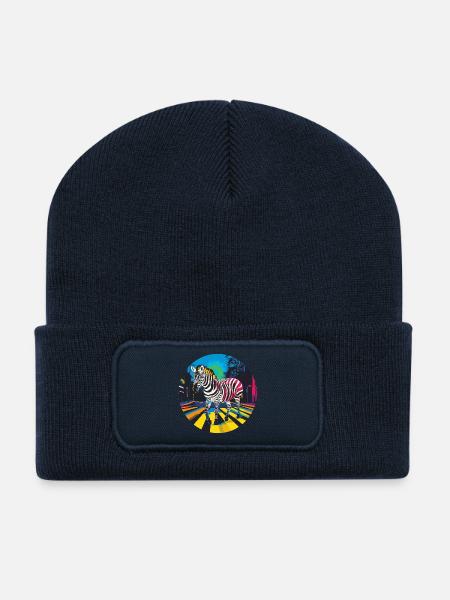 Colorful zebra in neon cityscape - Recycled Patch Beanie - french navy
