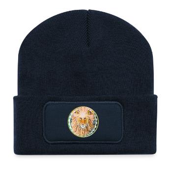 Löwenkopf mit Sonnen-Mandala und drittem Auge - Recycelte Patch Beanie - French Navy - Vorne