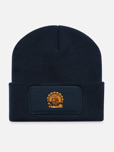 Autumnal cartoon turkey with pumpkin - Recycled Patch Beanie - french navy