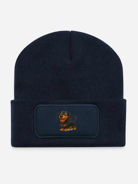 Fröhlicher Cartoon Dackel – Süßes Hundemotiv - Recycelte Patch Beanie - French Navy
