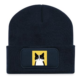 Minimalistische schwarz-weiße Katze - Recycelte Patch Beanie - French Navy - Vorne