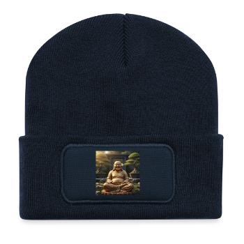 Golden Laughing Buddha Garden Figurine - Recycled Patch Beanie - french navy - Front