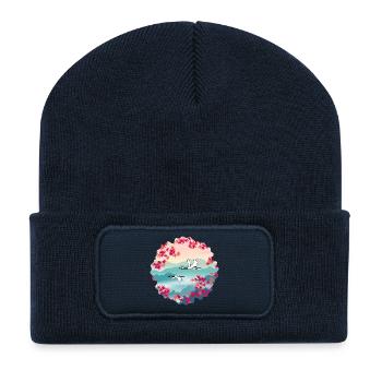 Korean Autumn – Red-crowned Cranes & Maple - Recycled Patch Beanie - french navy - Front