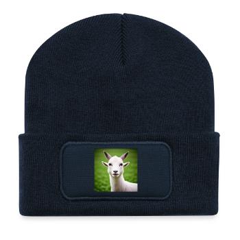 Weiße Ziege in Nahaufnahme - Recycelte Patch Beanie - French Navy - Vorne