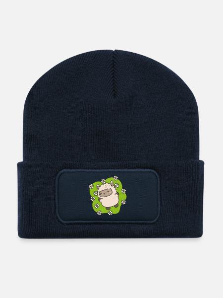 Blühendes Lamm, das zwischen Gänseblümchen tanzt - Recycelte Patch Beanie - French Navy
