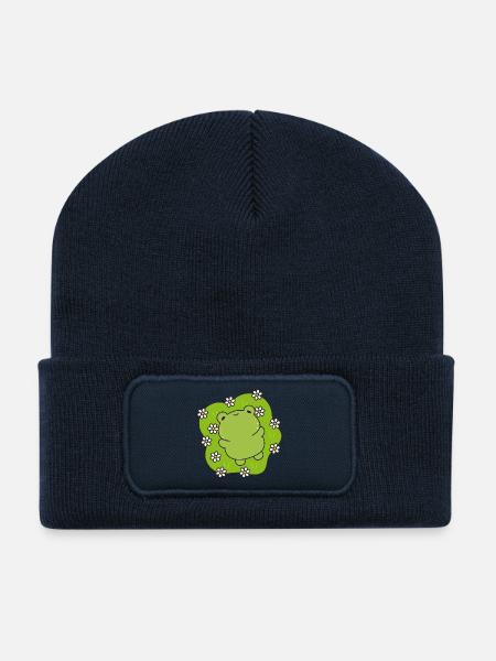 Kawaii frog with a flowery heart - Recycled Patch Beanie - french navy