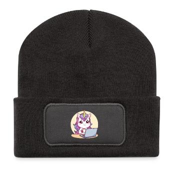 Licorne fatiguée sur ordinateur portable avec du café - Beanie recyclé à patch - charbon - Devant