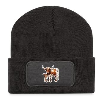 Texas Longhorn mit Kalb – Stolze Westernfamilie - Recycelte Patch Beanie - Dunkelgrau - Vorne