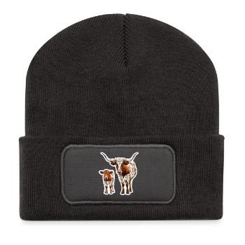 Longhorn mit Kalb – Westernklassiker  - Recycelte Patch Beanie - Dunkelgrau - Vorne