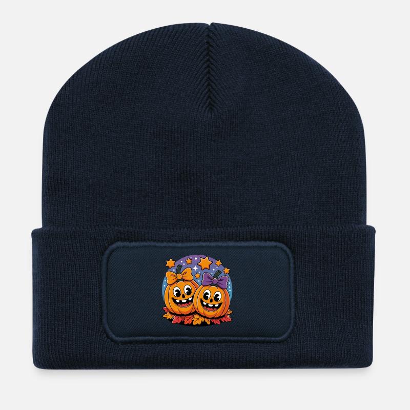 Duo de citrouilles dans le ciel étoilé - Beanie recyclé à patch - bleu marine