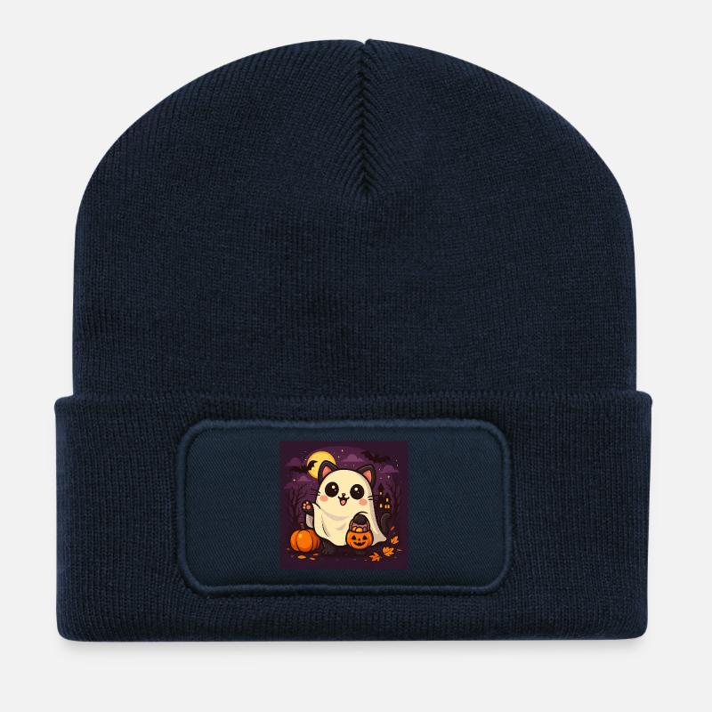 Cuddly Halloween Ghost Cat - Recycled Patch Beanie - french navy