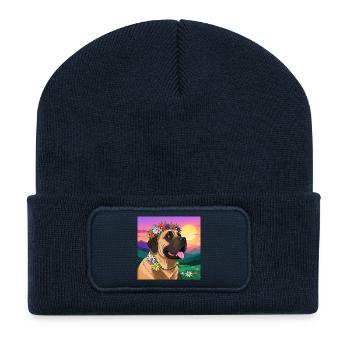 Dogue avec couronne florale - Beanie recyclé à patch - bleu marine - Devant