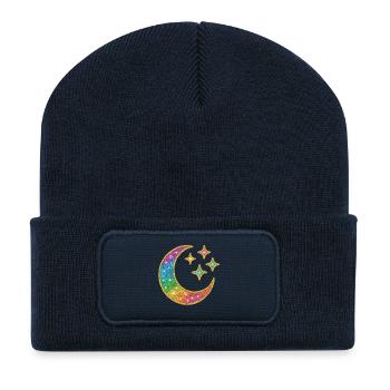 Bébé Lune | Arc-en-ciel Lune Étoile Paillettes - Beanie recyclé à patch - bleu marine - Devant