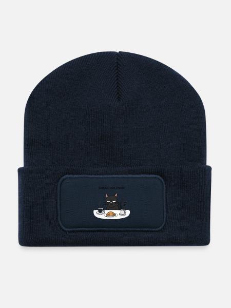 Funny Cat Breakfast Bonjour Mon Amour - Recycelte Patch Beanie - French Navy