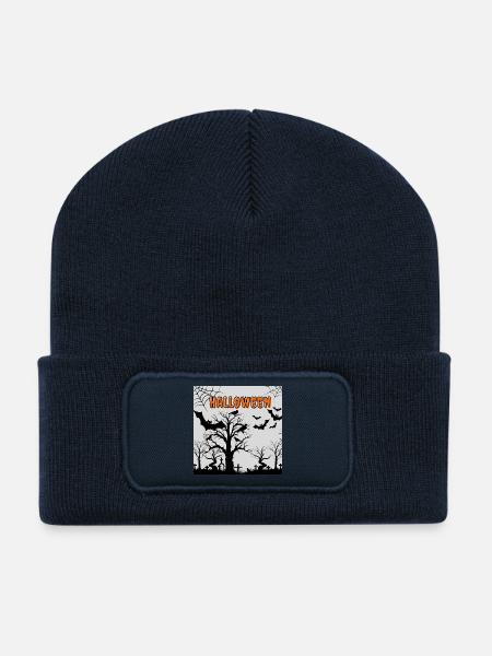 Gruselige Halloween-Nacht mit Fledermäusen und Krähen - Recycelte Patch Beanie - French Navy