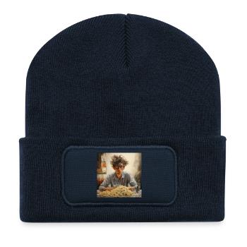 Jeune homme cheveux emmêlés avec des lunettes de montagne spaghetti - Beanie recyclé à patch - bleu marine - Devant
