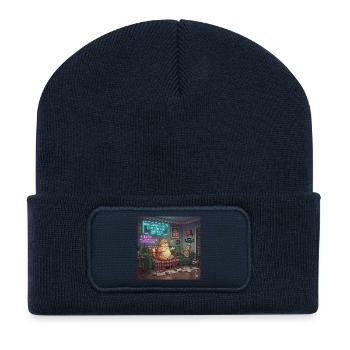 Chill Katze Auf Neon Plaid - Recycelte Patch Beanie - French Navy - Vorne