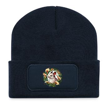 Chinchilla im Blumenkreis - Recycelte Patch Beanie - French Navy - Vorne