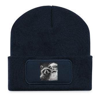 Selfie de raton laveur avec le Père Noël - Beanie recyclé à patch - bleu marine - Devant