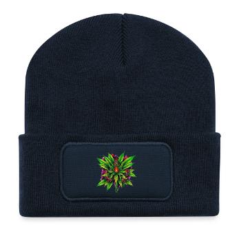 Mandala de Feu Feuille de Cannabis Étoile - Beanie recyclé à patch - bleu marine - Devant