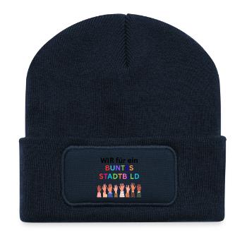 Wir für ein buntes Stadtbild. Bunte Nation - Recycelte Patch Beanie - French Navy - Vorne