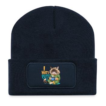 Cat Coffee Morning Grouch Funny Introvert - Recycled Patch Beanie - french navy - Front