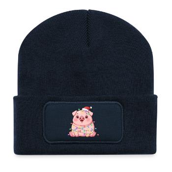 Cute Christmas Pig Cartoon String Lights - Recycled Patch Beanie - french navy - Front