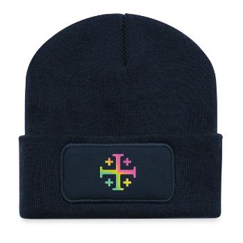Croix de Kairos (Croix de Jérusalem) – Prairie printanière - Beanie recyclé à patch - bleu marine - Devant