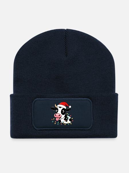 Kuh Weihnachten lustig süß Landwirt Bauernhof - Recycelte Patch Beanie - French Navy
